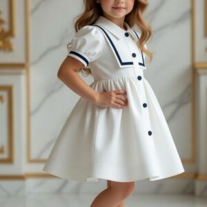 classic nautical white a line dress with navy trim