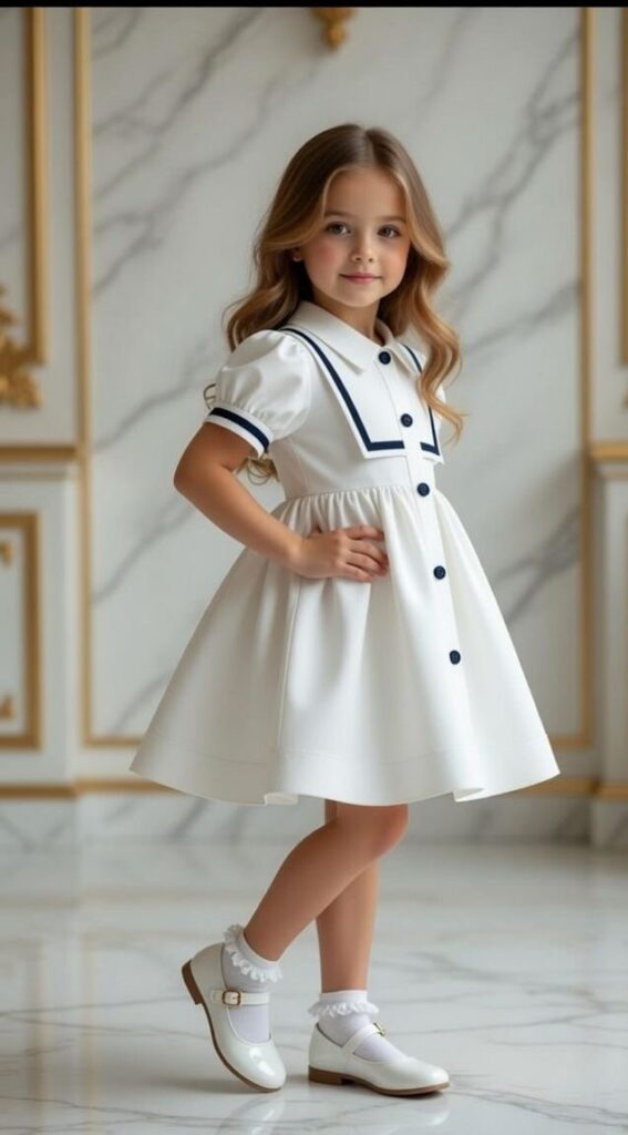 classic nautical white a line dress with navy trim