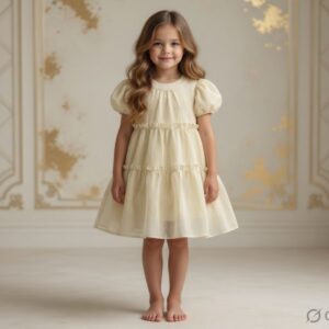 dreamy cream ruffled party dress with puff sleeves